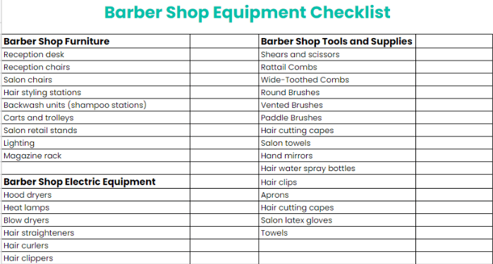 Barber shop equipment checklist