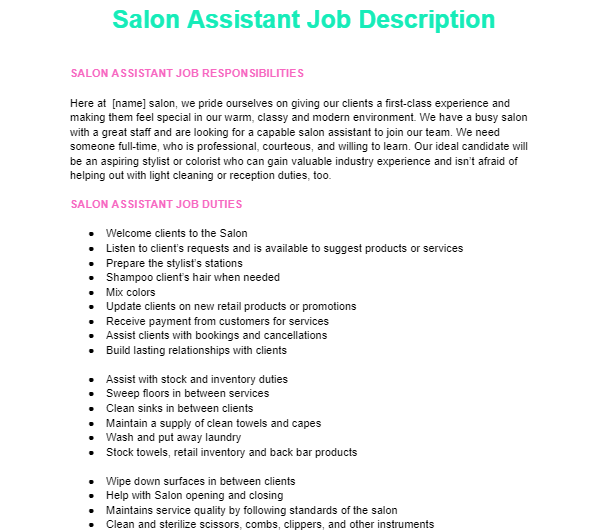 Hair Salon Assistant Job Description