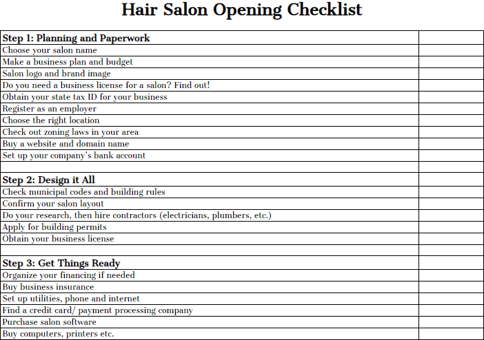 Hair salon opening checklist