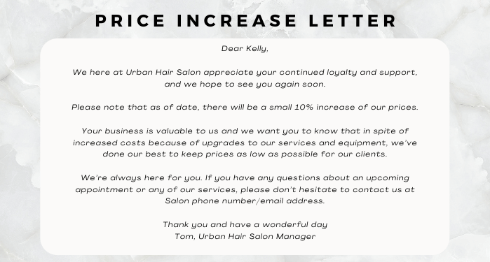 Hair salon price increase letter