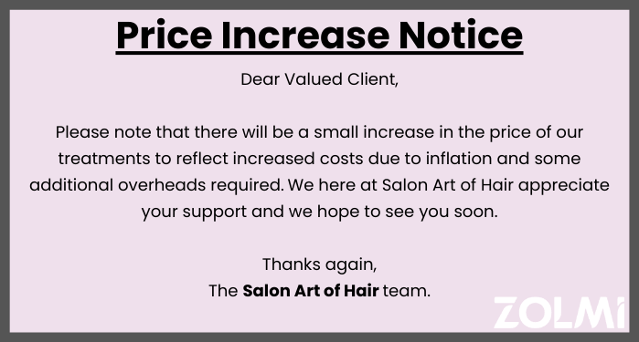Salon price increase notice