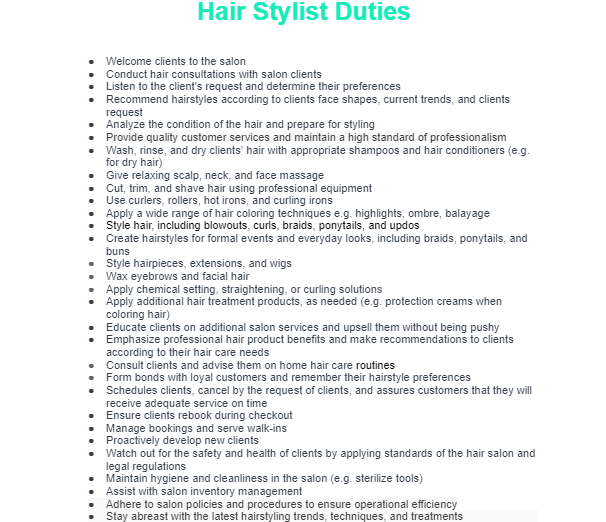 Hair stylist duties template