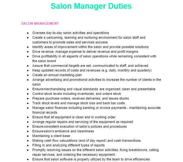 Salon manager duties template