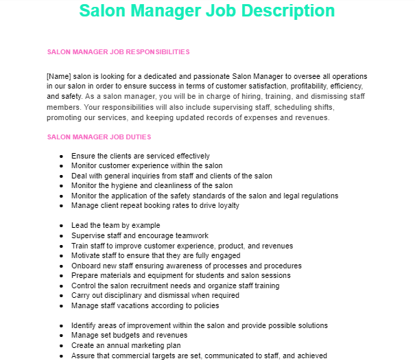 Salon Manager Job Description template