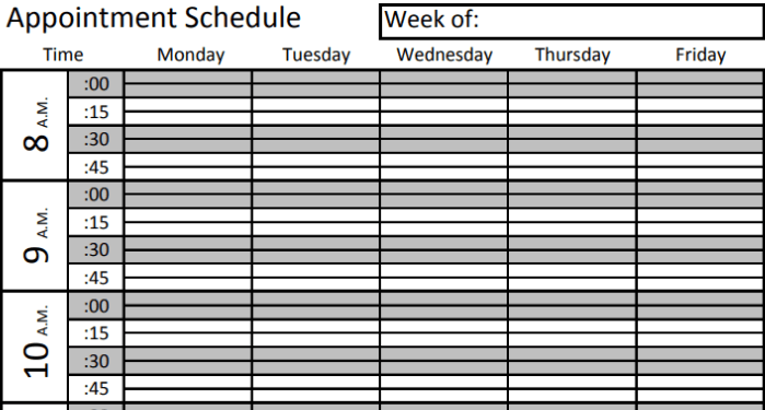 Daily appointment calendar template