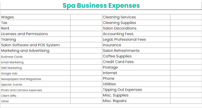 Spa Business Expenses