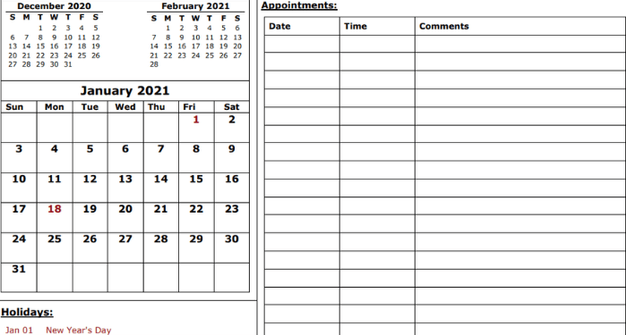 Monthly appointment calendar template